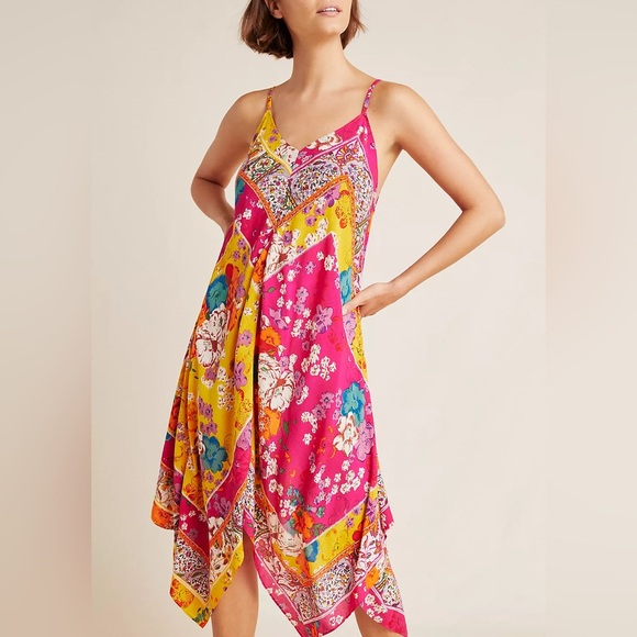 Free People Dresses & Skirts - Free People Vibrant Floral Handkerchief Asymmetrical Flowy Midi Slip Dress (XS)